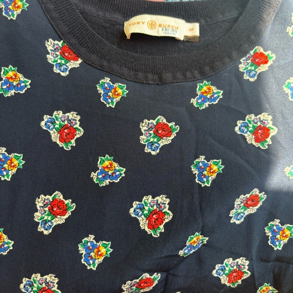 Tory Burch Navy Floral-Print Short-Sleeve Sheath Dress with Blue Trim - Picture 9 of 10